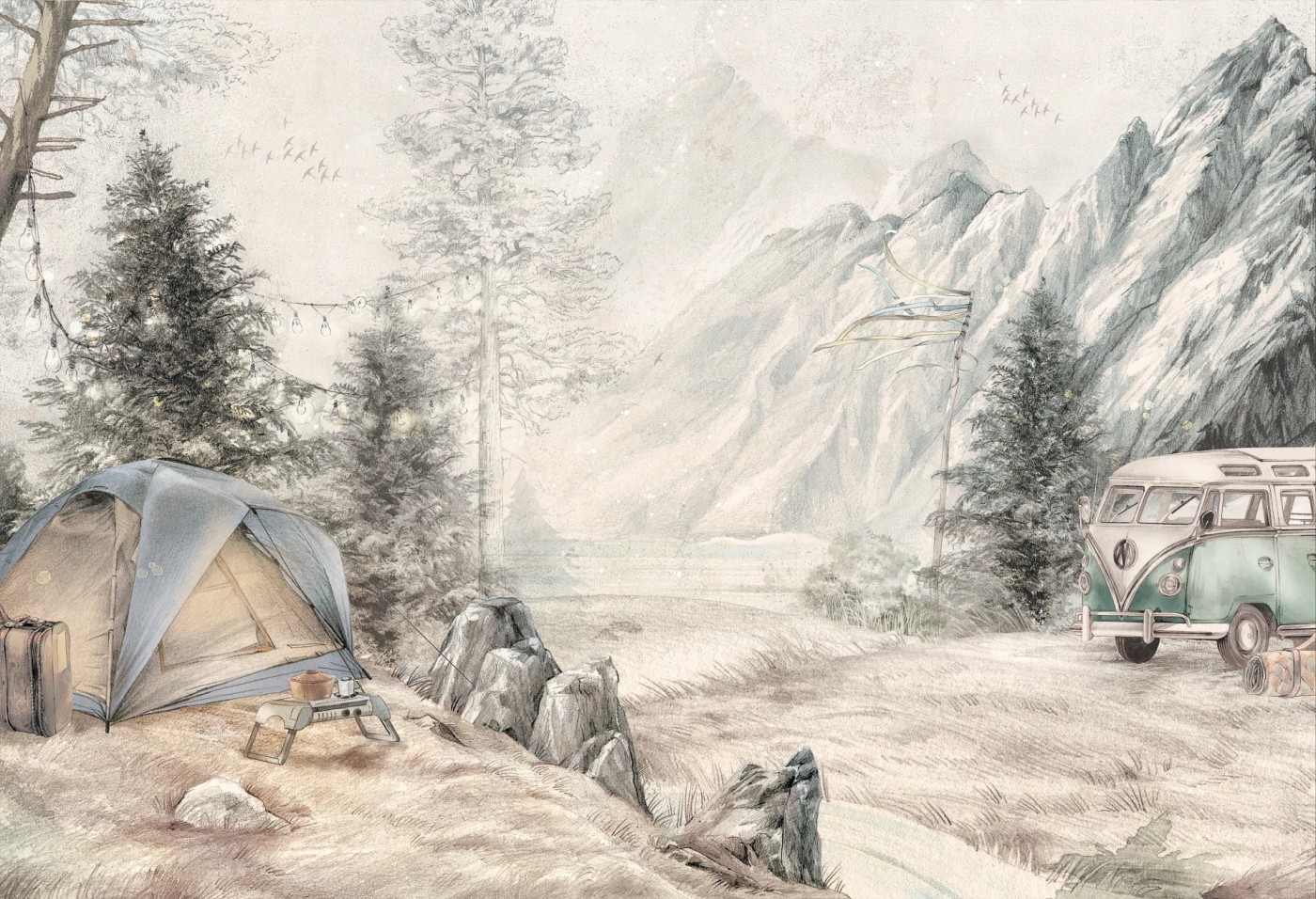 MOUNTAIN CAMP - day - tapeta do pokoju nastolatka z górskim pejzażem MOUNTAIN CAMP - day - tapeta do pokoju nastolatka z górskim pejzażem