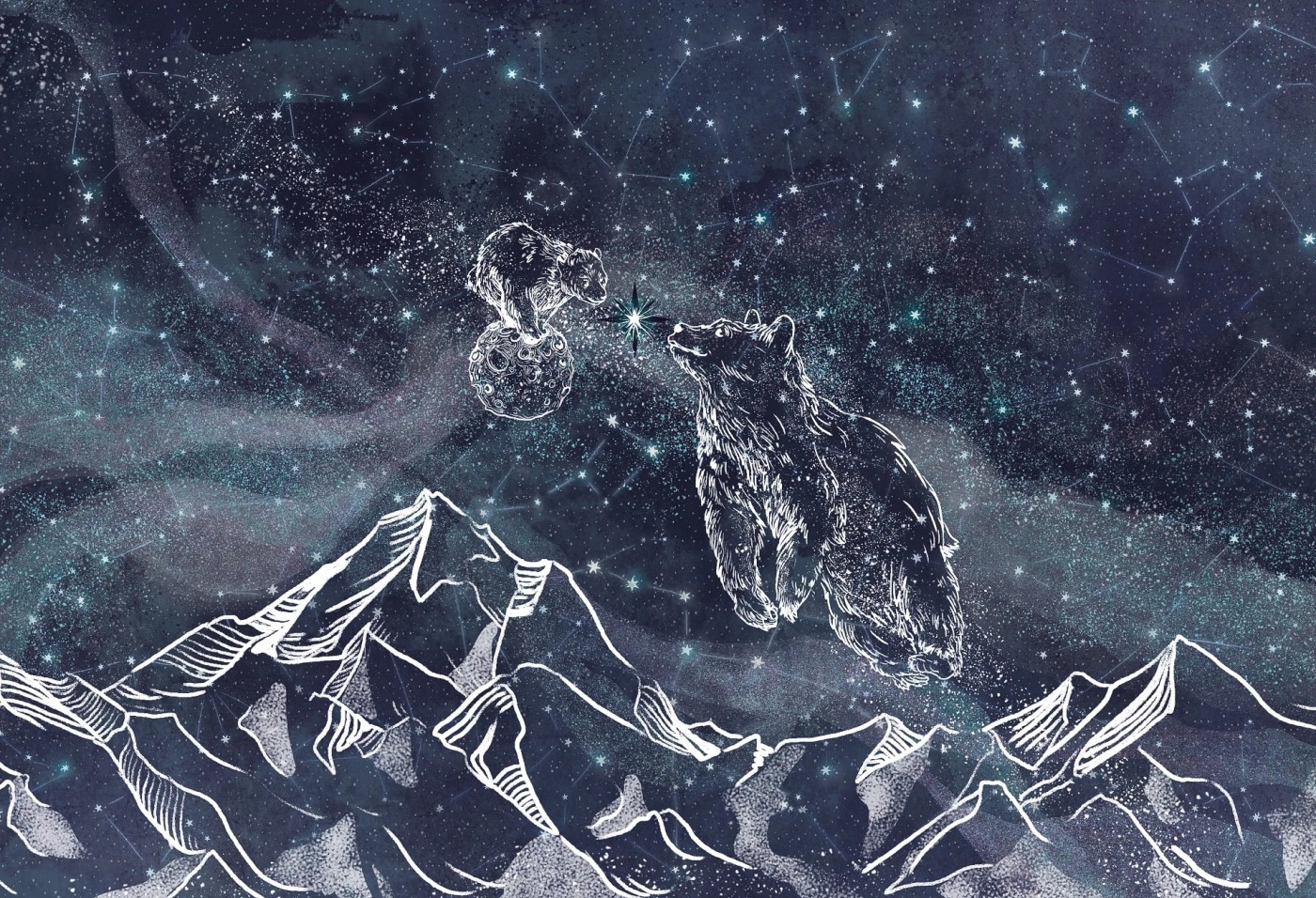 NOCNE NIEBO - niedźwiadki - stonowana tapeta do pokoju dziecięcego