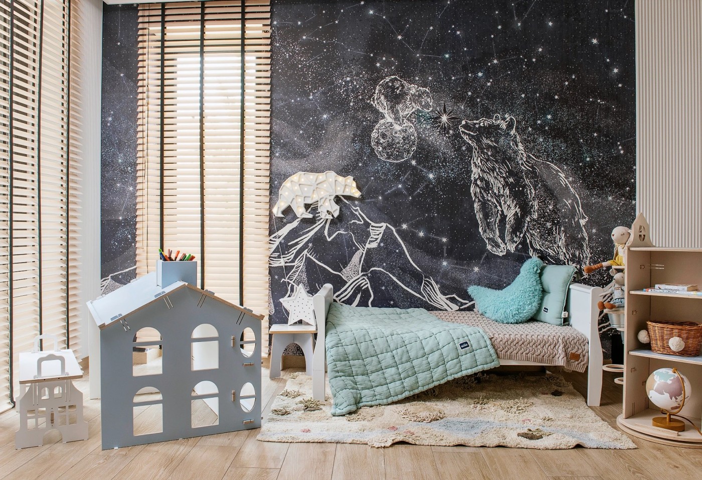 NOCNE NIEBO - niedźwiadki - stonowana tapeta do pokoju dziecięcego