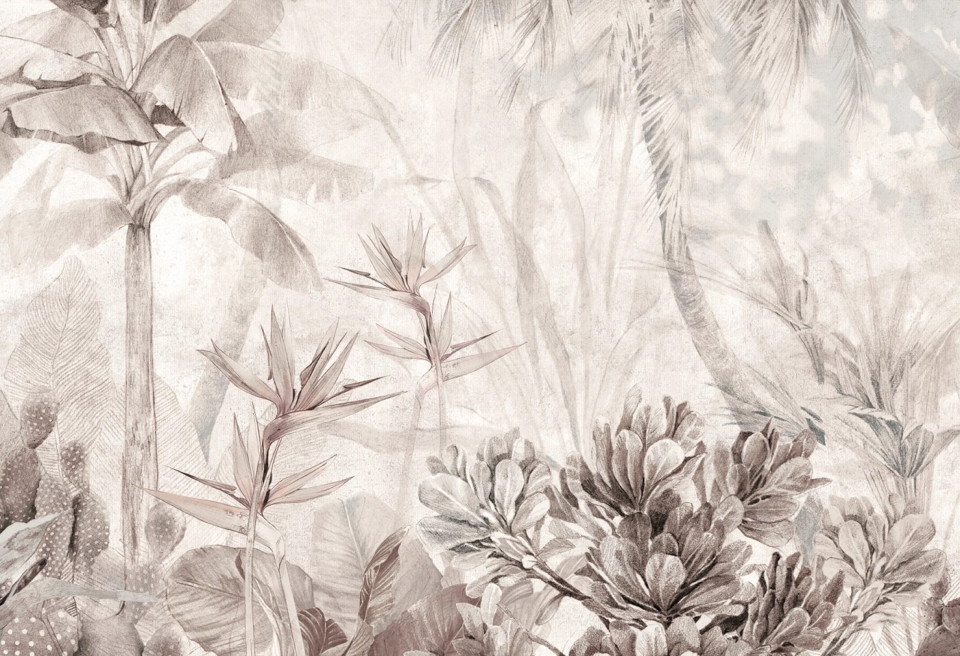 PARADISE - warm grey - tapeta w egzotyczne rośliny do salonu lub sypialni