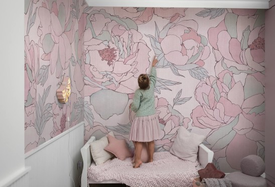 PEONIES - pink - dziewczyńska tapeta do pokoju dziecięcego