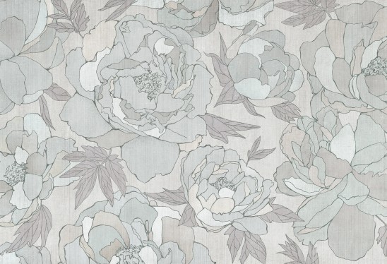 PEONIES - sage grey -  tapeta do salonu w duże kwiaty