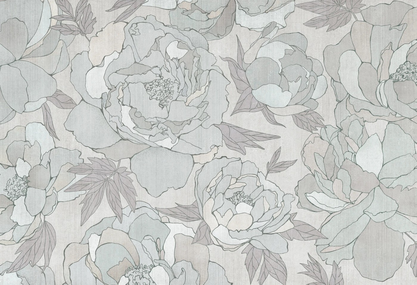 PEONIES - sage grey -  tapeta do salonu w duże kwiaty