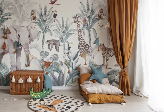 Kolorowa tapeta z motywem dżungli, idealna do pokoju dziecięcego