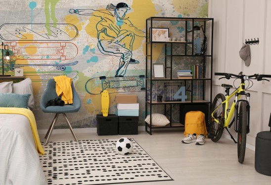 SKATEPARK - yellow - tapeta dla chłopaka z rampą i deskorolkami