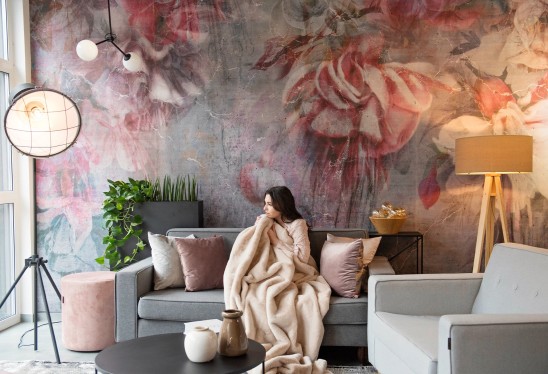 SWINGTIME FUCHSIA - grey - tapeta do salonu w duże kwiaty