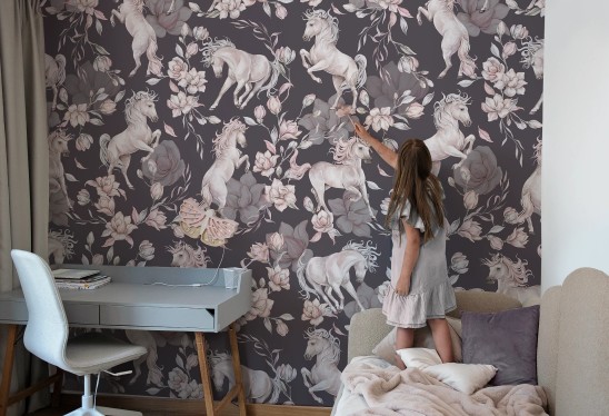 UNICORNS - purple grey - tapeta w jednorożce dla dziewczynki