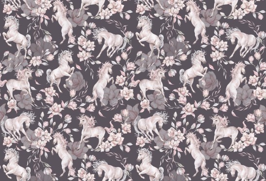 UNICORNS - purple grey - tapeta w jednorożce dla dziewczynki