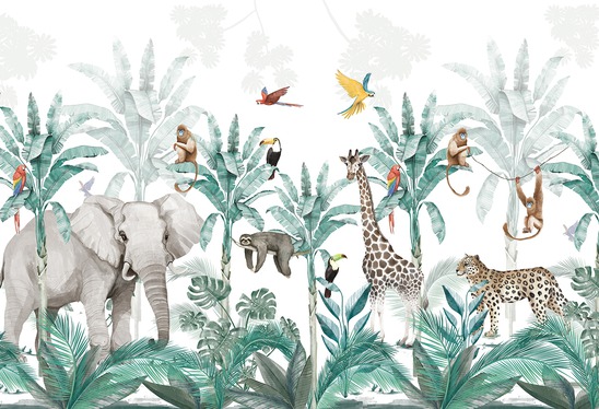 Tapeta z ilustracjami dżungli, stymulująca wyobraźnię dzieci, z zielonymi liśćmi i dzikimi zwierzętami