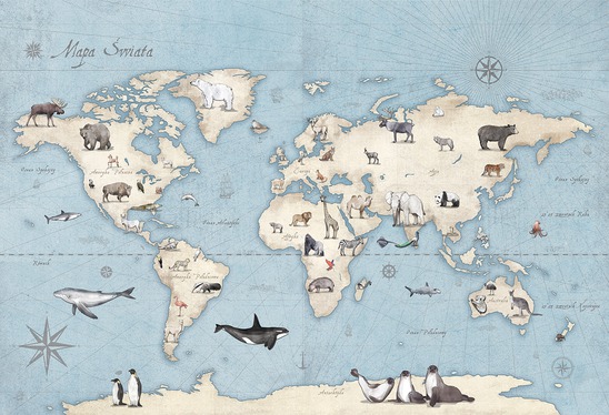 Tapeta w pokoju dziecka z ilustracją mapy świata