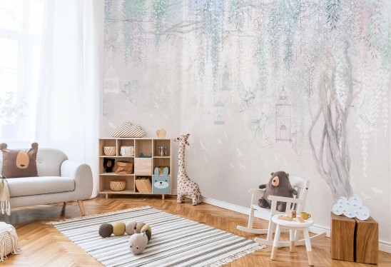 WISTERIA KIDS - mint - tapeta dziewczęca w ptaki i kwiaty