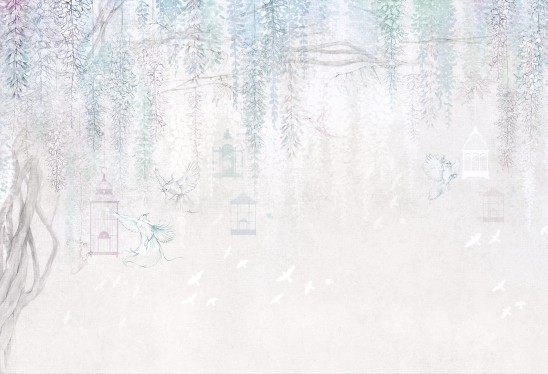 WISTERIA KIDS - mint - tapeta dziewczęca w ptaki i kwiaty