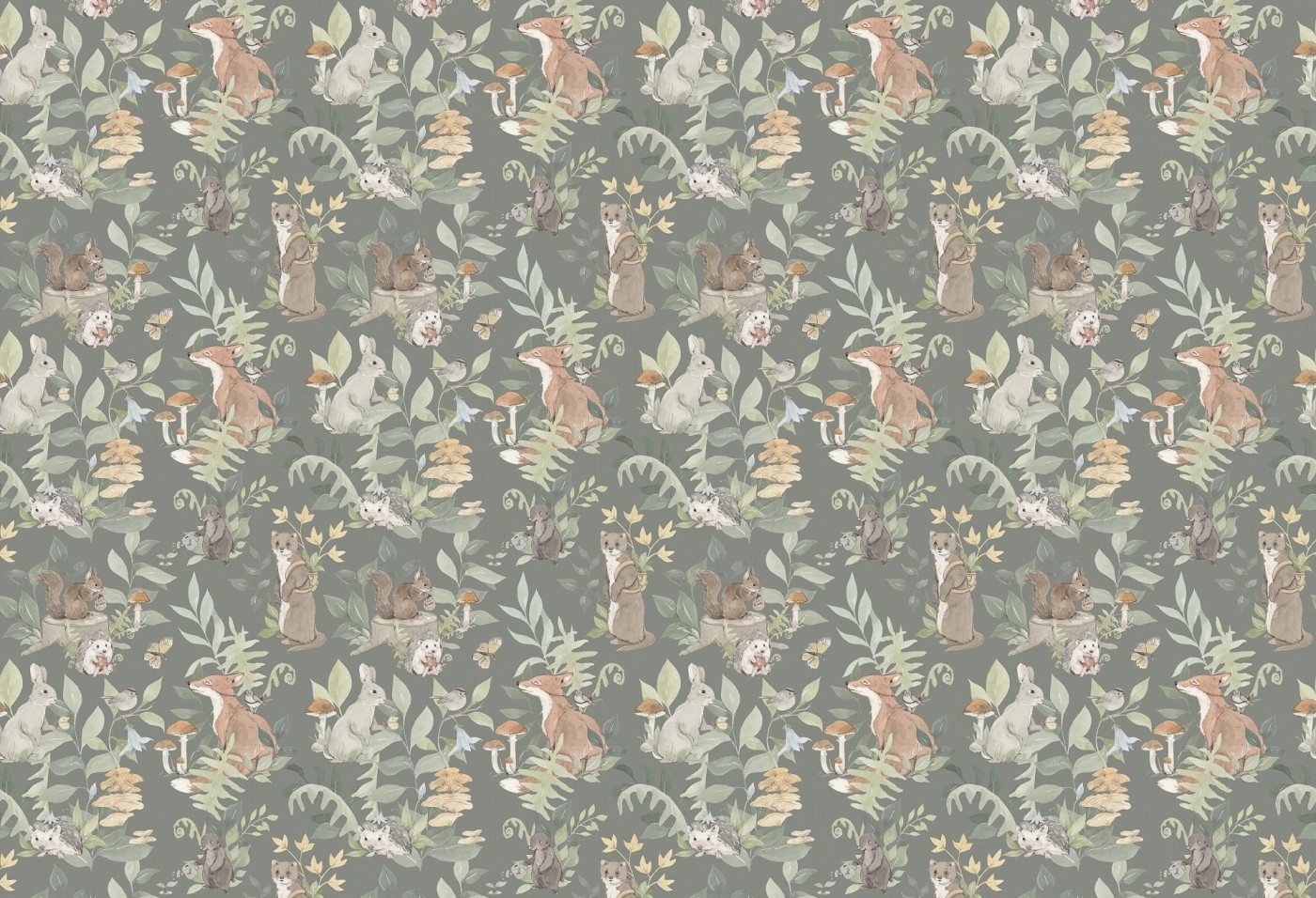 WOODLAND SMALL - dark green - tapeta dziecięca w leśne zwierzątka i rośliny