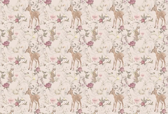 WOODLAND GIRLS - beige - tapeta do pokoju dziecka w kwiaty i zwierzątka