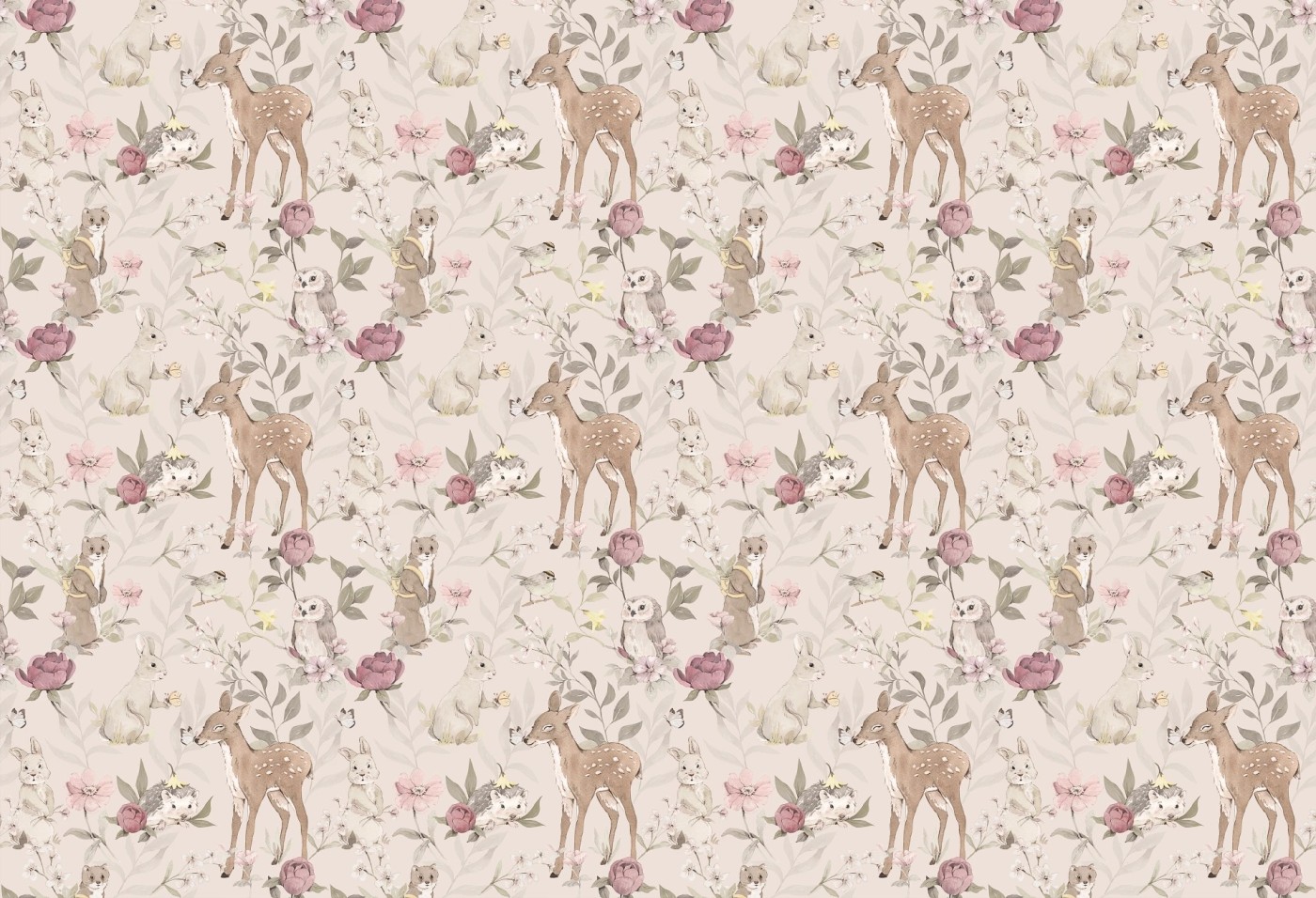 WOODLAND GIRLS - beige - tapeta do pokoju dziecka w kwiaty i zwierzątka