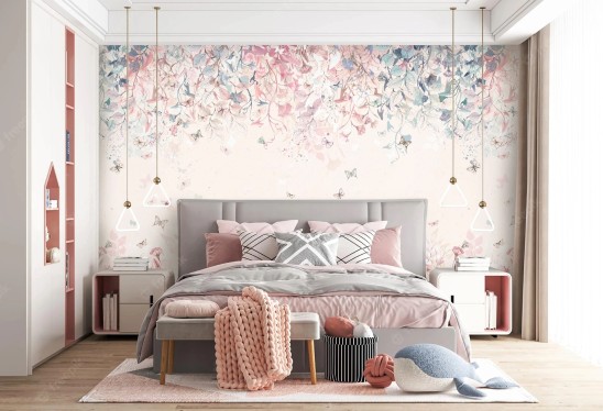 BUTTERFLIES - bubblegum - delikatna tapeta dla dziewczynki w kwiaty i motyle