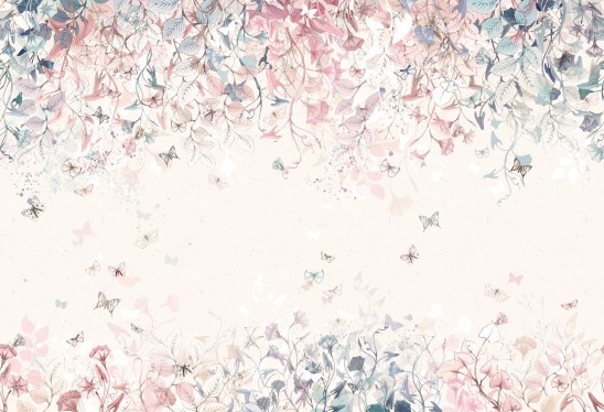 BUTTERFLIES - bubblegum - delikatna tapeta dla dziewczynki w kwiaty i motyle