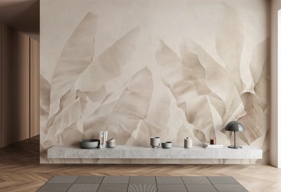 BANANA BLISS - soft beige - tapeta do salonu z dużymi liśćmi bananowca