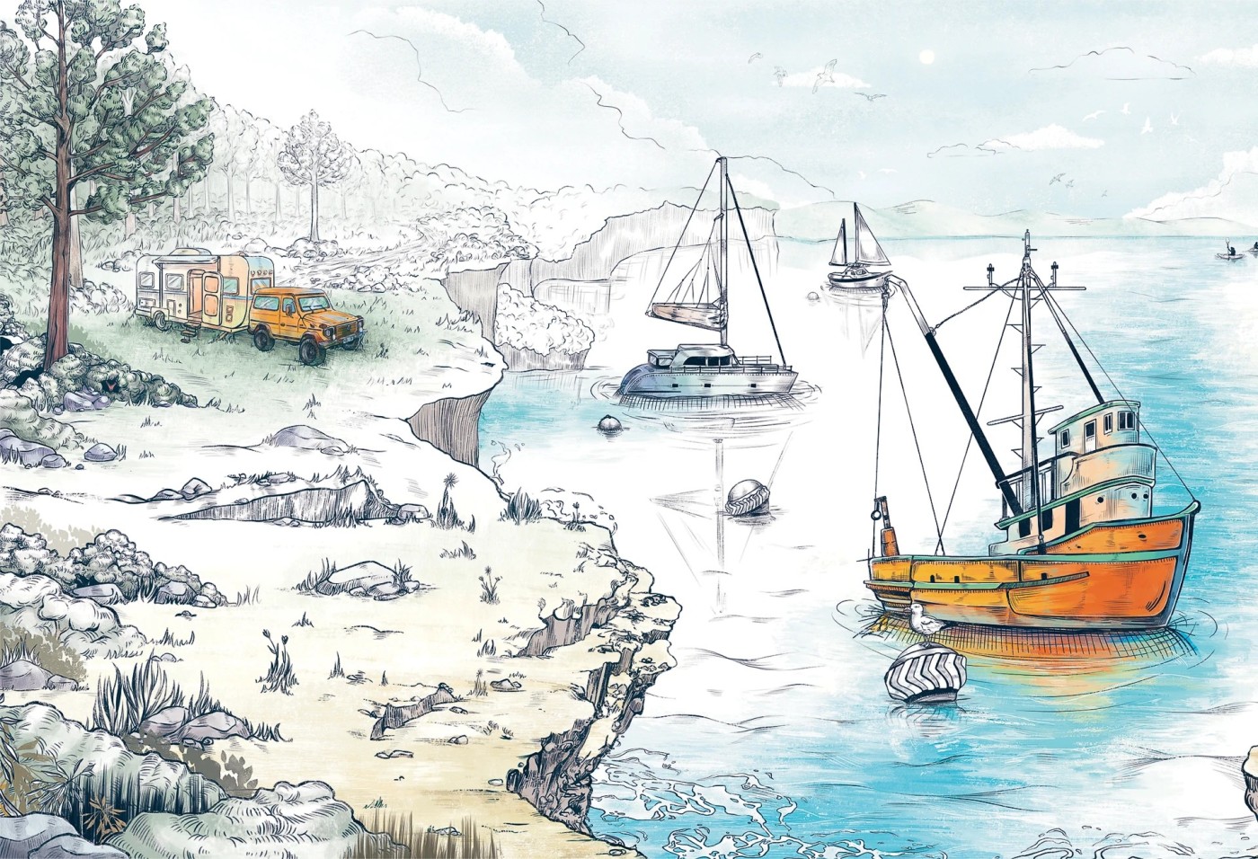 BOATS - turquoise - tapeta przygodowa do pokoju chłopięcego