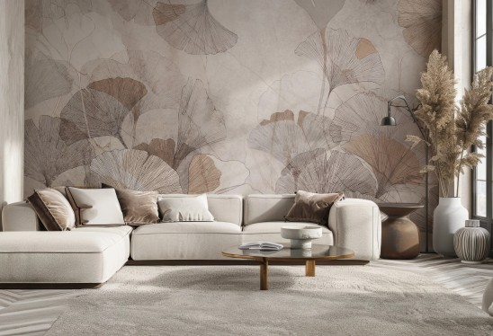 GINGKO - toffee - tapeta do salonu i sypialni z liśćmi gingko biloba