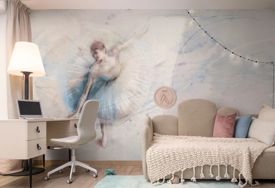 BALLET - blue - abstrakcyjna tapeta dla nastolatki z baletnicą