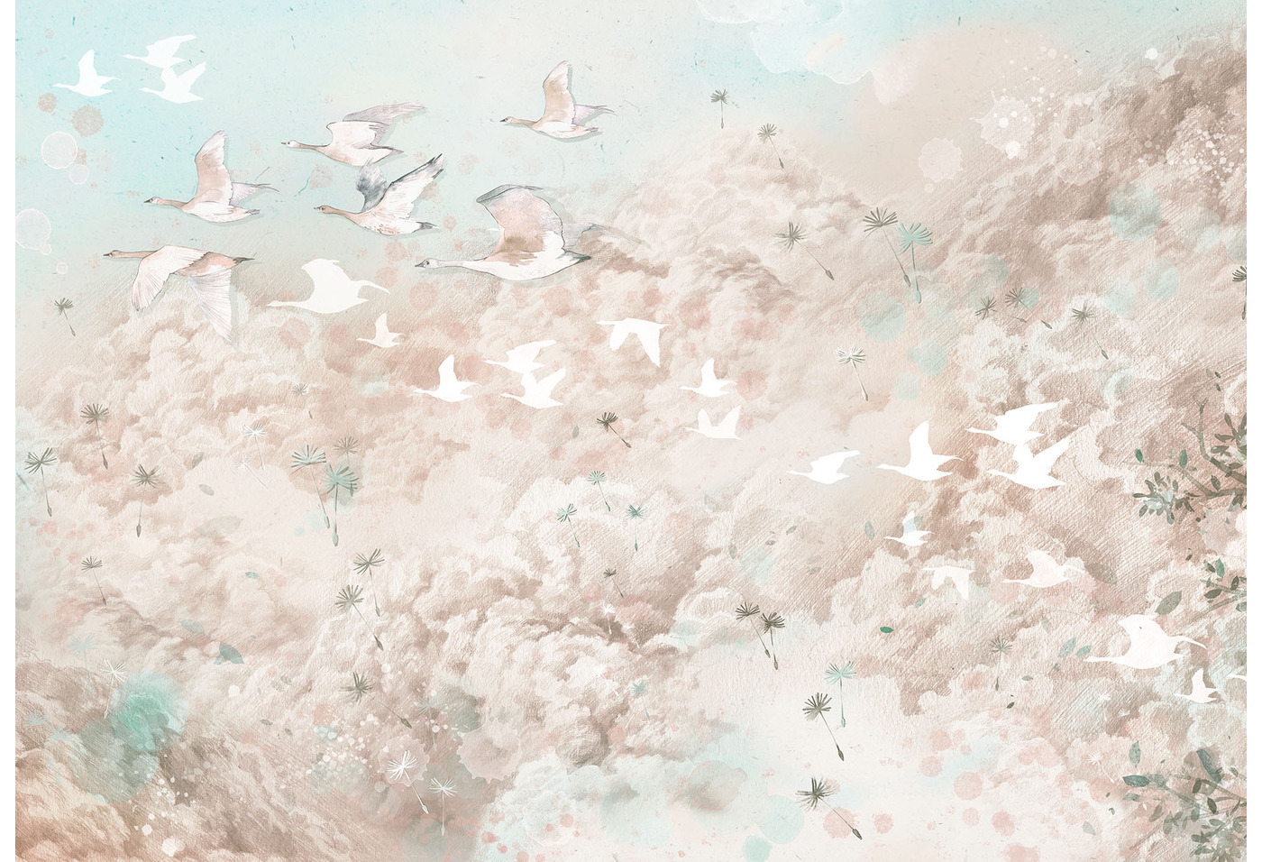 Spokojna tapeta z motywem chmur i ptaków