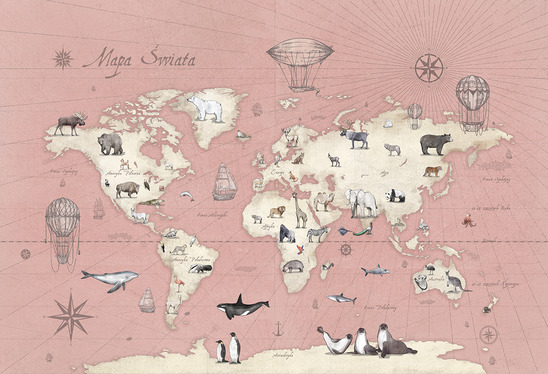 różowa tapeta z mapą i zwierzętami
