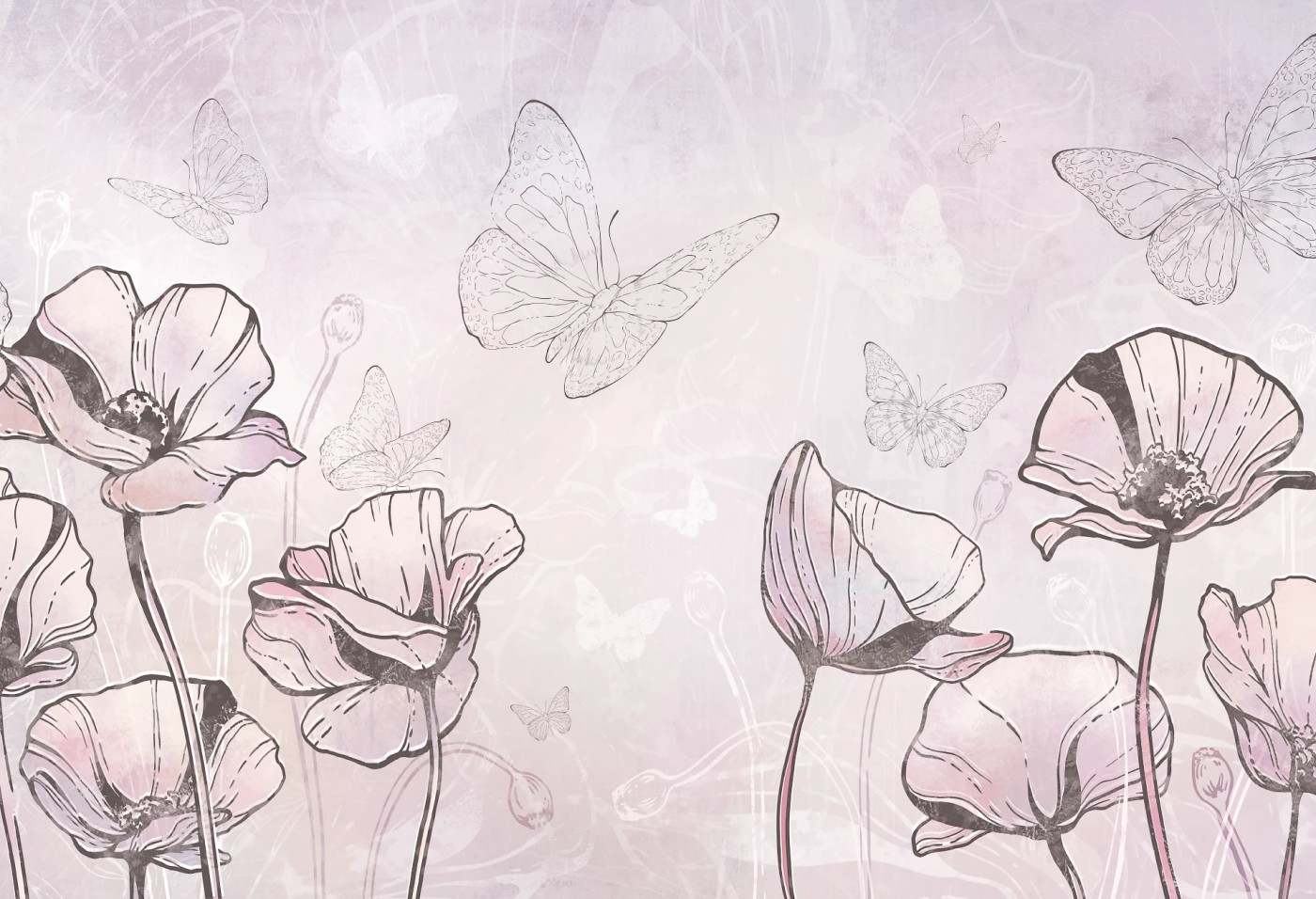 FLORA KIDS - purple - tapeta w motyle i kwiaty do pokoju dziewczęcego
