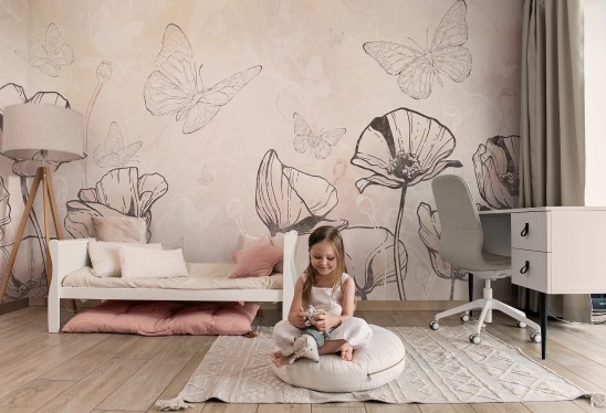 copy of BLOOM - beige - kwiatowa tapeta do pokoju dziecięcego