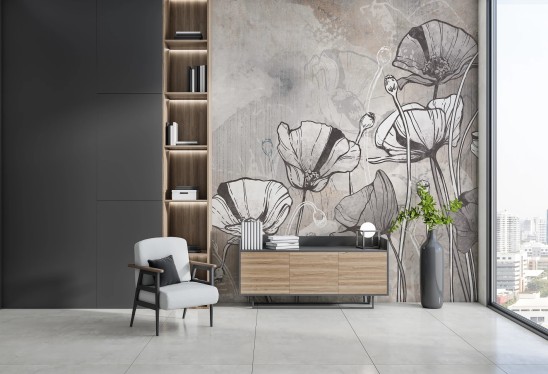 FLORA - warm grey - tapeta z motywem natury do salonu lub sypialni