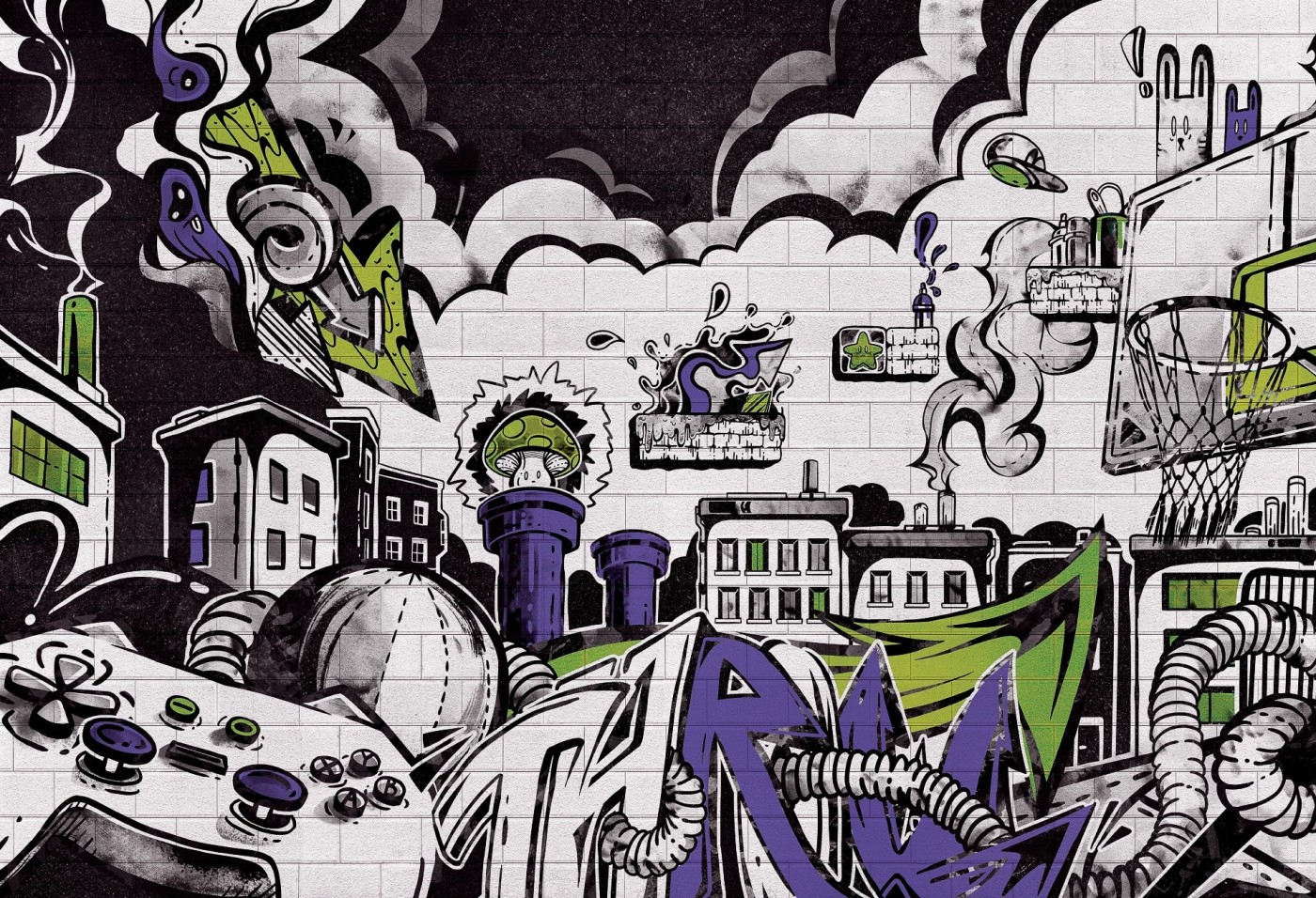 GRAFFITI - green - tapeta z motywem graffiti do pokoju nastolatka