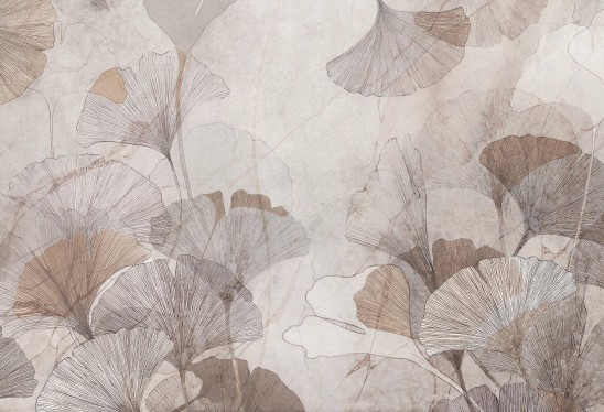 GINGKO - toffee - tapeta do salonu i sypialni z liśćmi gingko biloba