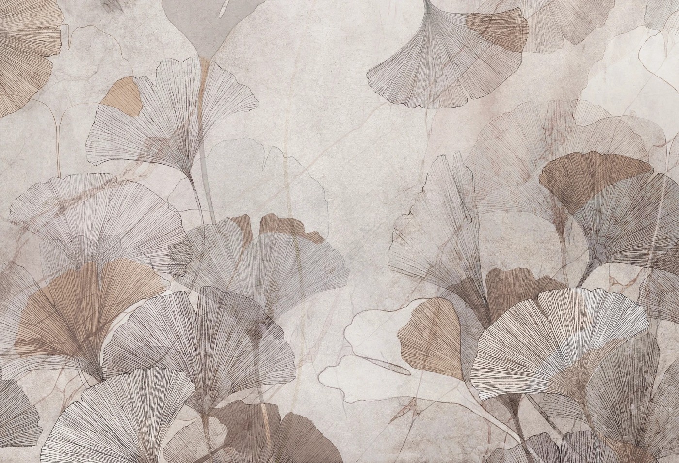 GINGKO - toffee - tapeta do salonu i sypialni z liśćmi gingko biloba