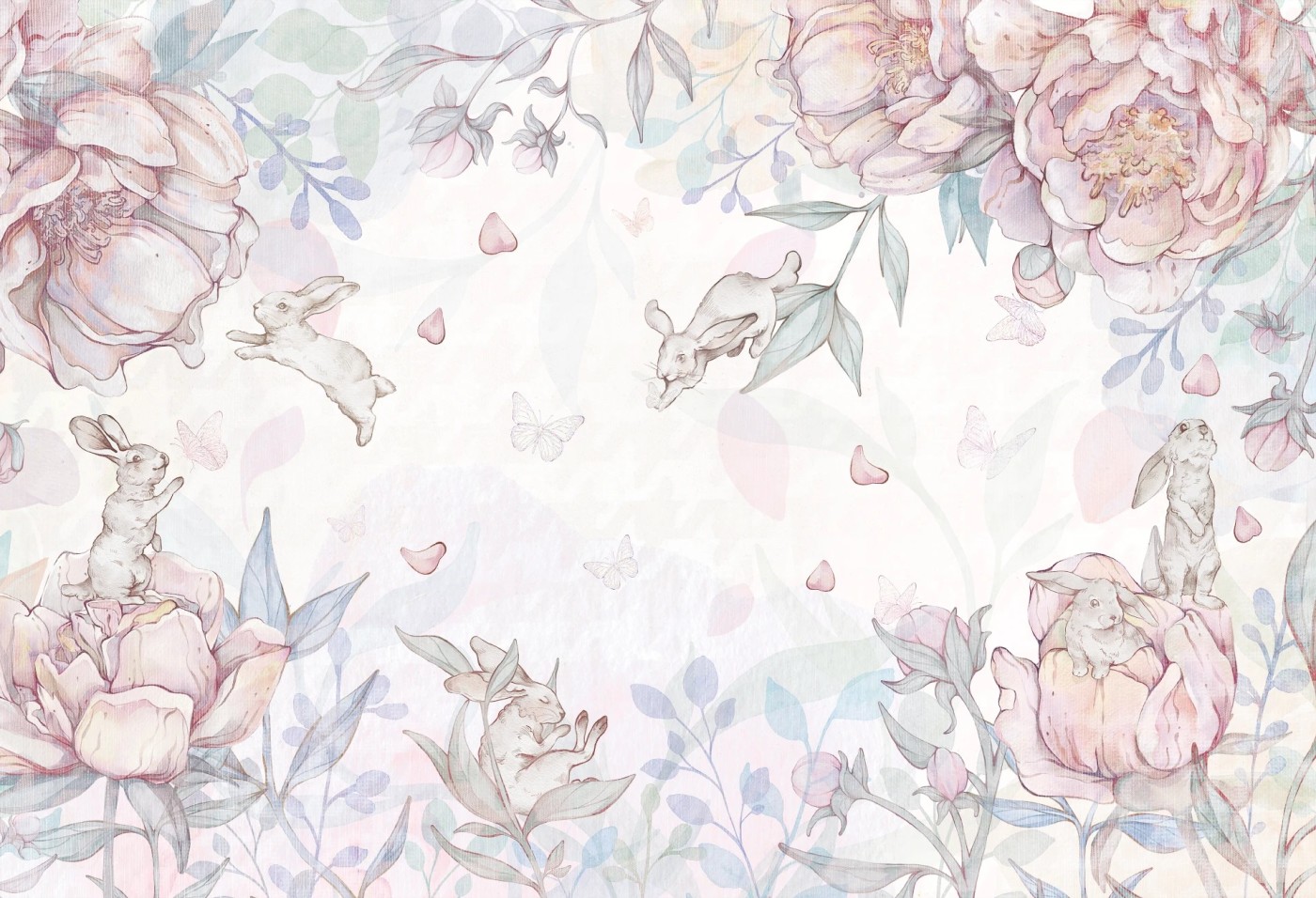 FLOWER BUNNIES - bubblegum - tapeta dla dziewczynki z króliczkami FLOWER BUNNIES - bubblegum - tapeta dla dziewczynki z króliczkami
