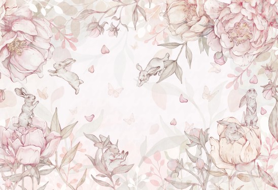 copy of FLOWER BUNNIES - bubblegum - tapeta dla dziewczynki z króliczkami