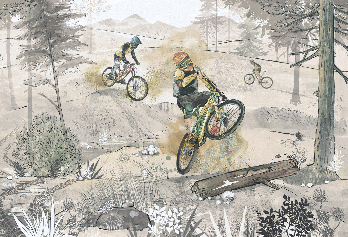 tapeta z motywem rowerów górskich, na której rowerzyści wykonują różne triki