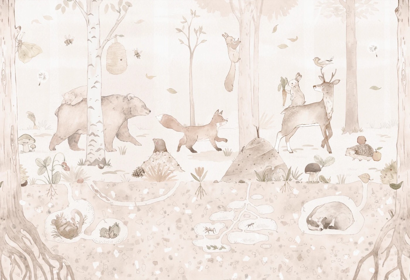 MINI ZOO - sepia - tapeta dla dziecka z leśnymi zwierzątkami MINI ZOO - sepia - tapeta dla dziecka z leśnymi zwierzątkami