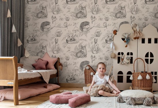 DEER&FRIENDS - beige - tapeta dziecięca ze zwierzątkami