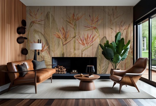 RIVIERA - green - tropikalna tapeta do salonu z kwiatami strelicji