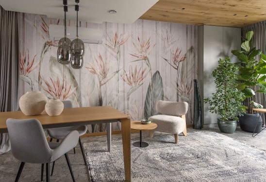 RIVIERA - grey - tapeta do salonu z egzotycznymi roślinami