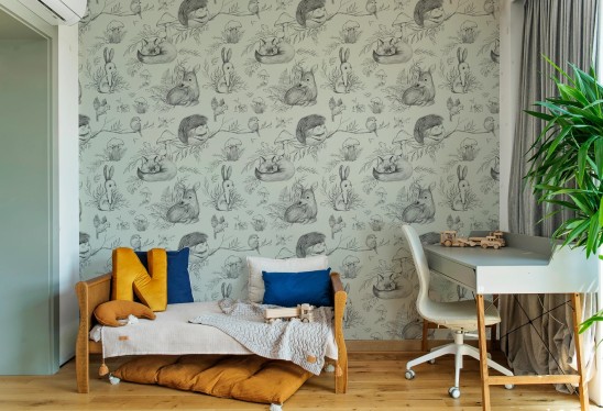 DEER&FRIENDS - green - tapeta dla dzieci ze zwierzątkami