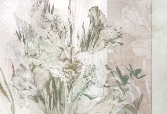 PRIMAVERA - sage green - roślinna tapeta do salonu z ornamentami