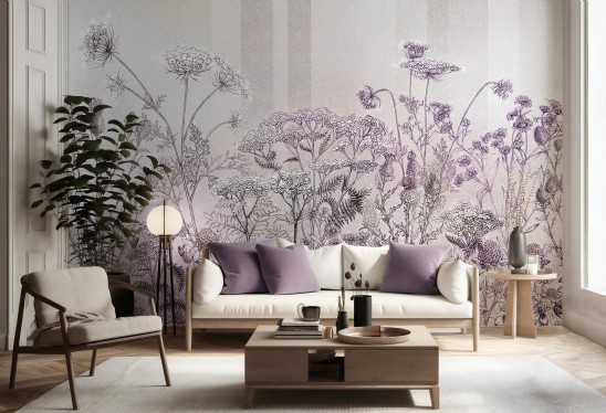 CLOVER - purple - wiosenna tapeta do salonu z wysokimi roślinami