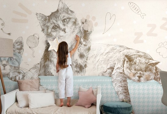 KITTIES - mint - tapeta do pokoju dziecięcego z z kotami