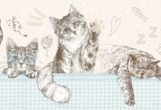 KITTIES - mint - tapeta do pokoju dziecięcego z z kotami