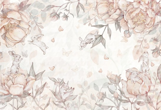 copy of FLOWER BUNNIES - bubblegum - tapeta dla dziewczynki z króliczkami