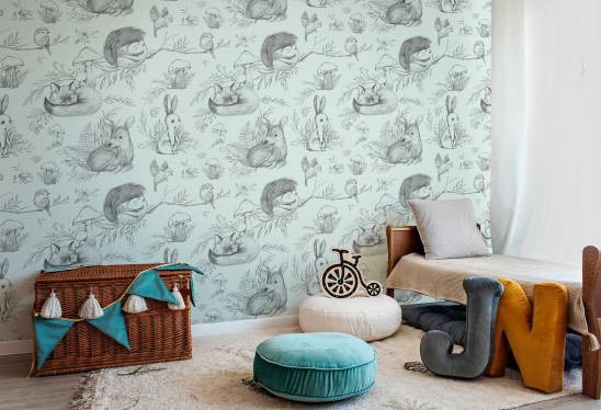 DEER&FRIENDS - mint - tapeta dla niemowlaka ze zwierzątkami