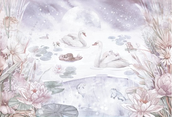 SWAN LAKE - lila - romantyczna tapeta z jeziorem i kwiatami dla dziewczynki