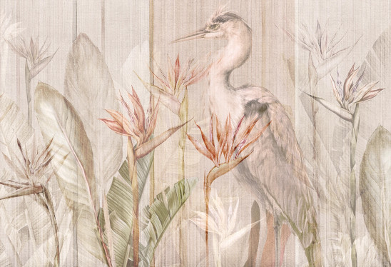 RIVIERA HERON - light - tapeta do salonu z kwiatami strelicji i czaplą siwą