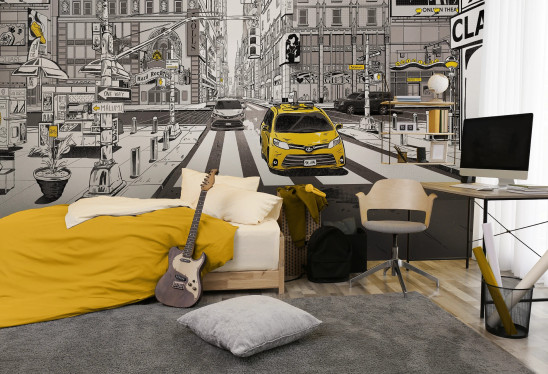 NEW YORK - yellow - stylowa tapeta dla dziecka z żółtą taksówką